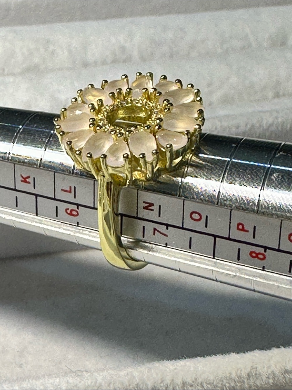 Gold Tone Flower Ring with Pale Pink Petal Stones-Size 6.5